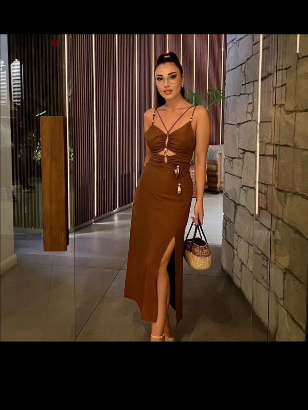 🆕 Zara Brown Linen Blend Cutout Midi Dress Size XS